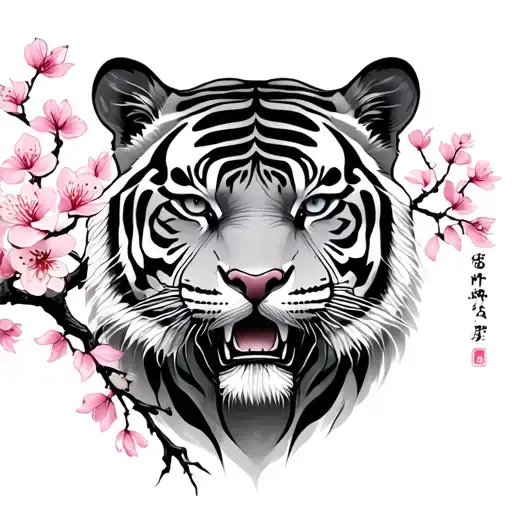 Asian tiger tattoo with cherry blossom tree tattoo design idea