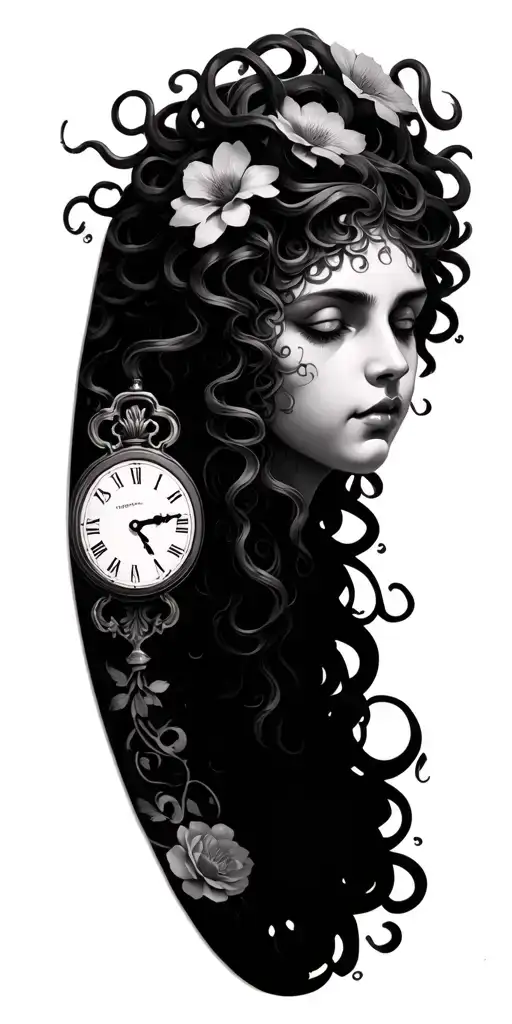 Medusa head with clock face and flowers tattoo design idea