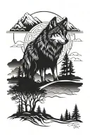 wolf with tree and mountains tattoo design idea
