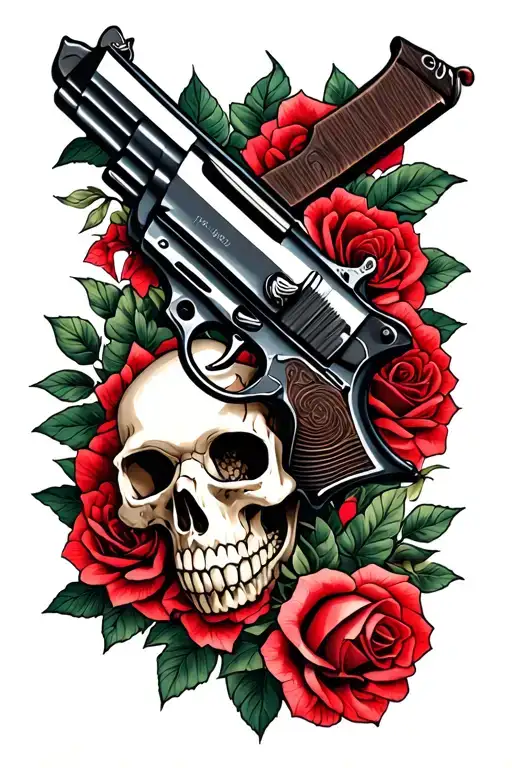 gun skull roses tattoo design idea