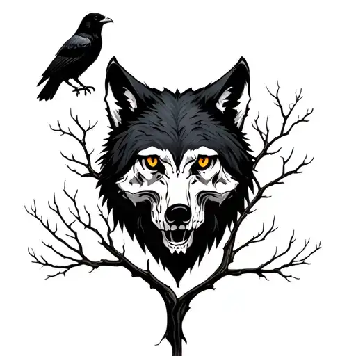 black wolf head, skull and crow on a tree tattoo design idea