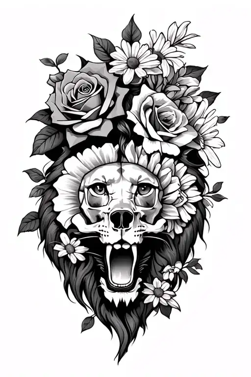 roaring lion, three roses, daisy, gladiolous, an eye and two skulls  tattoo design idea