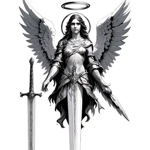 angelic warrior seraphim with sword and halo tattoo design idea