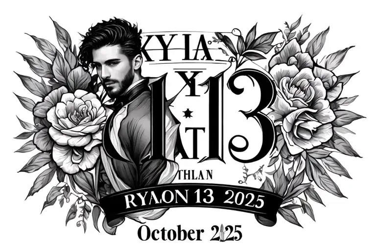 The name Rylan Tate with the birthdat October 13 2025 in roman numerals with filligree backround tattoo design idea