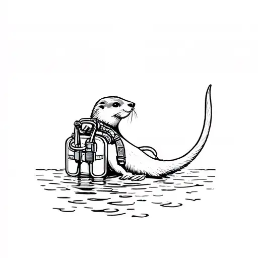 Otter wearing diving equipment, scuba gear and oxygen tank tattoo design idea