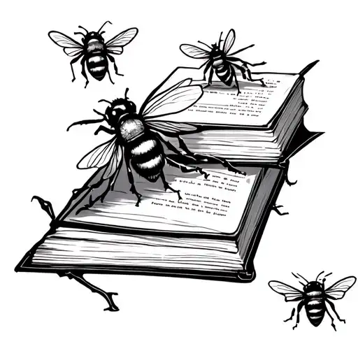 can you design a tattoo sketch fine line a book playing flat with a few bees flying out  tattoo design idea