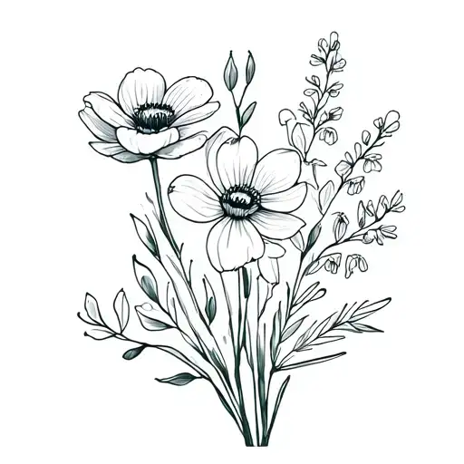 Line tattoo simple bouquet of a anemone, hyssop blooms, olive branch, snow drops, narcissus and sweet pea tattoo design idea