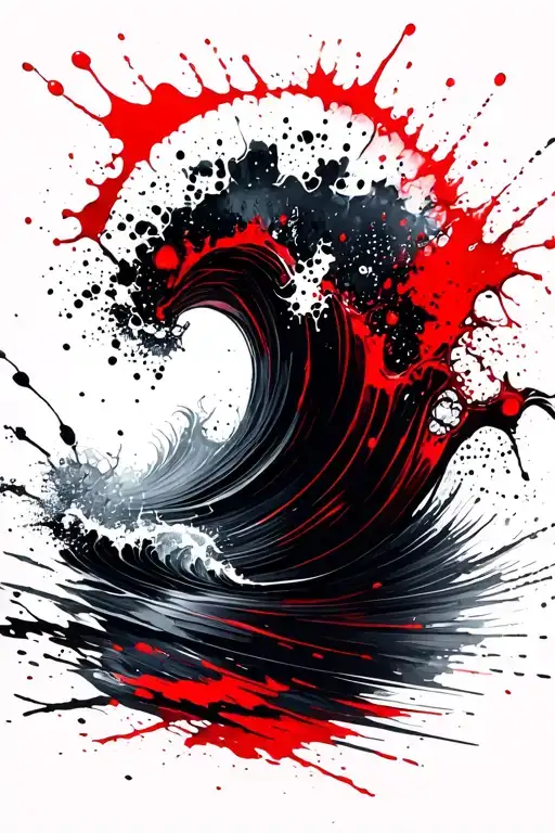 Black, red & subtle gray-blue tones. Dynamic brush strokes, splashes &dots forming an abstract deep ocean/ wave tattoo design idea