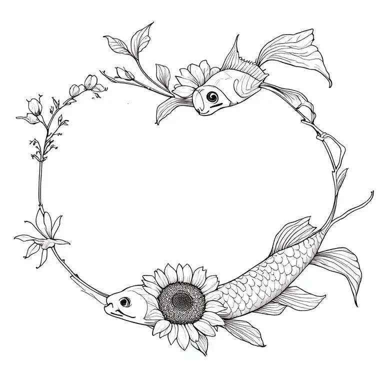 Koi fish, apple blossom, sunflower tattoo design idea