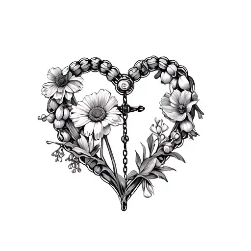 heart shaped rosary with an aster, poppy, lilly of the valley, and marigold inside tattoo design idea