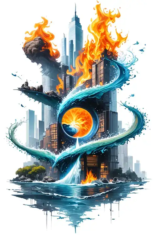 A unique design combining the four elements (earth, water, fire, air) into a urbanised environment tattoo design idea