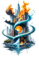 A unique design combining the four elements (earth, water, fire, air) into a urbanised environment tattoo design idea