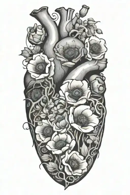 abstract design human heart, poppies, anemones tattoo design idea