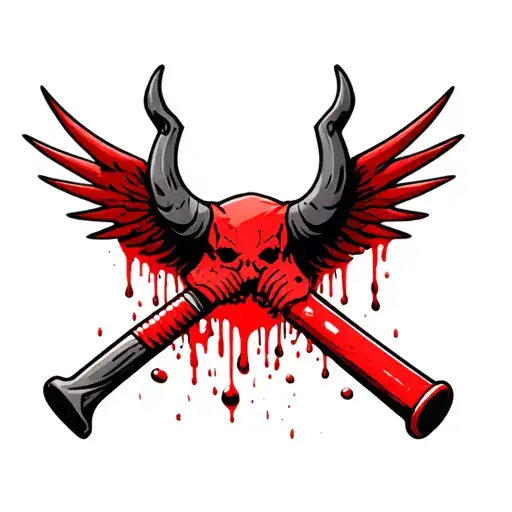 baseball bat covered in blood with devil wings and horns tattoo design idea