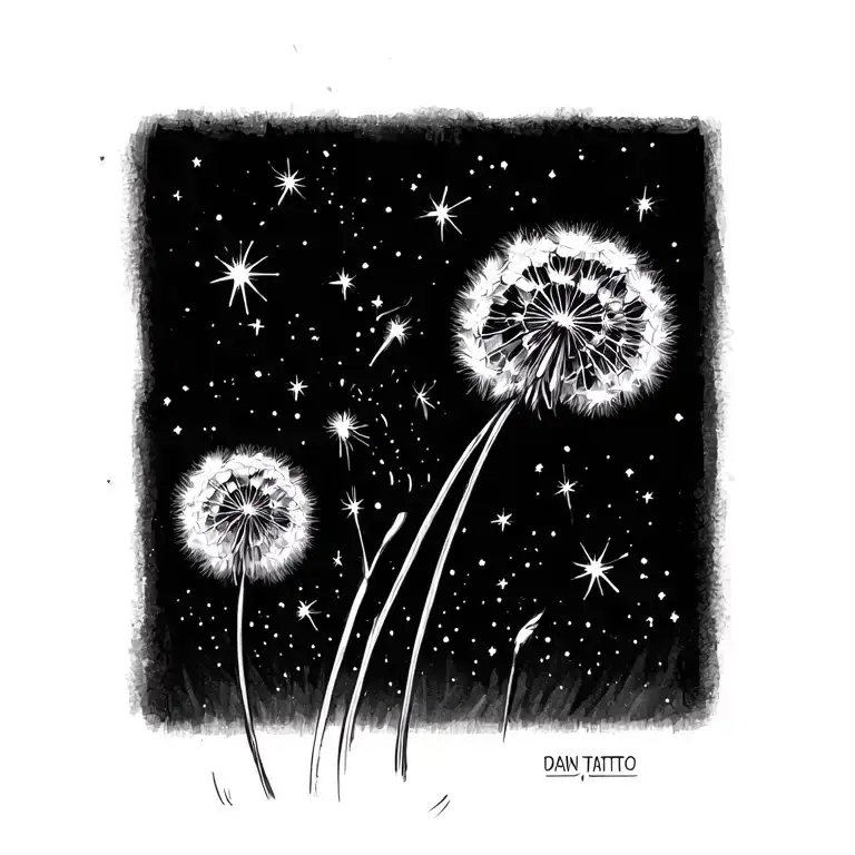 line drawing of dandelion blowing away into stars scattered tattoo design idea