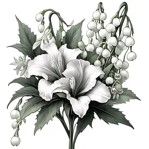 gladiola with lily of the valley, holly, snowdrop and violets tattoo design idea