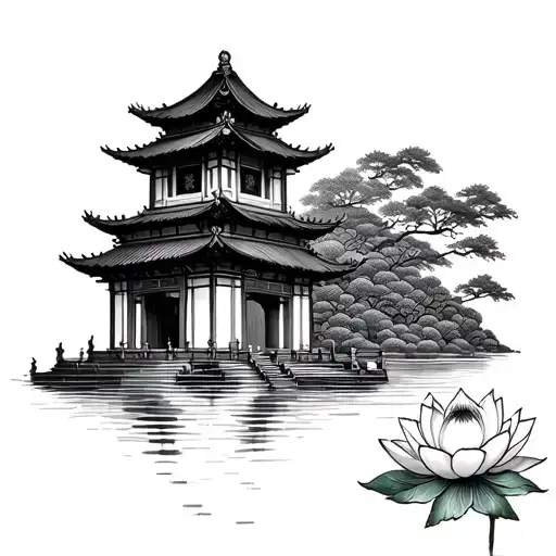 Chinese temple with lotus flower tattoo design idea