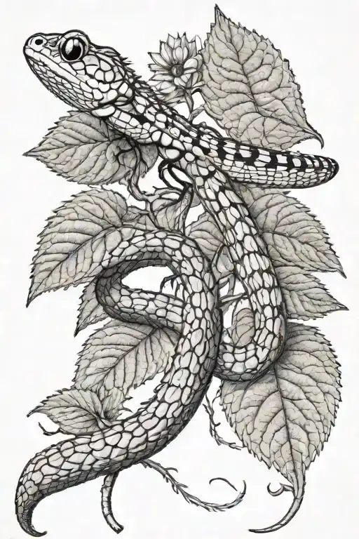raspberry branch with garter snake wrapped around branch. lilac branch with dragonfly perched sideways on leaf tattoo design idea