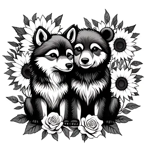  cute baby wolf and bear sitting with sunflowers and roses. black tattoo design idea