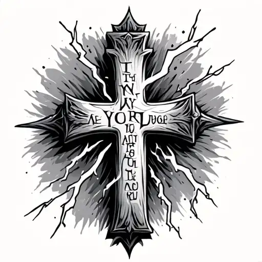 small realistic cross with lightning and scripture tattoo design idea