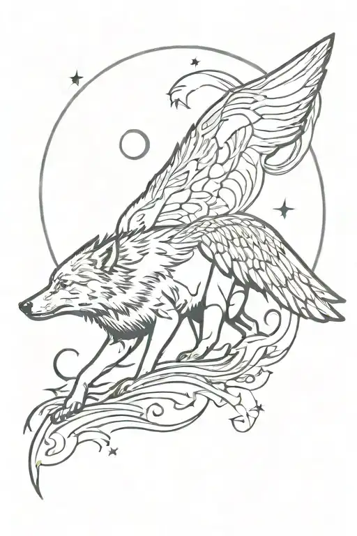 WOLF DOG WITH WINGS AND SEA AT BACK AND MOON AND STAR tattoo design idea