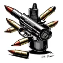 dmc themed. 3 bullets being shot and are in mid air. one say jack pot engraved in it  tattoo design idea