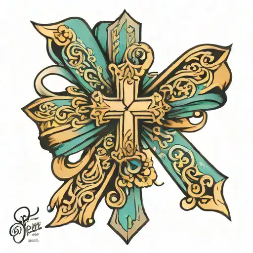 small cross, ovarian cancer ribbon overlapped image tattoo design idea