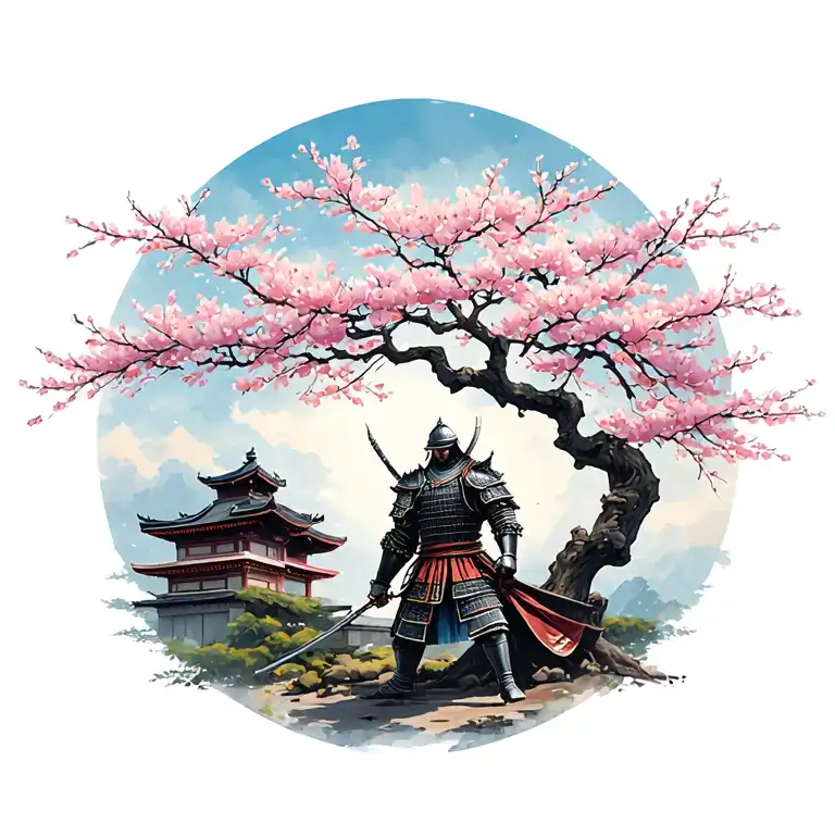 cherry blossom tree with samurai in armor guarding it  tattoo design idea