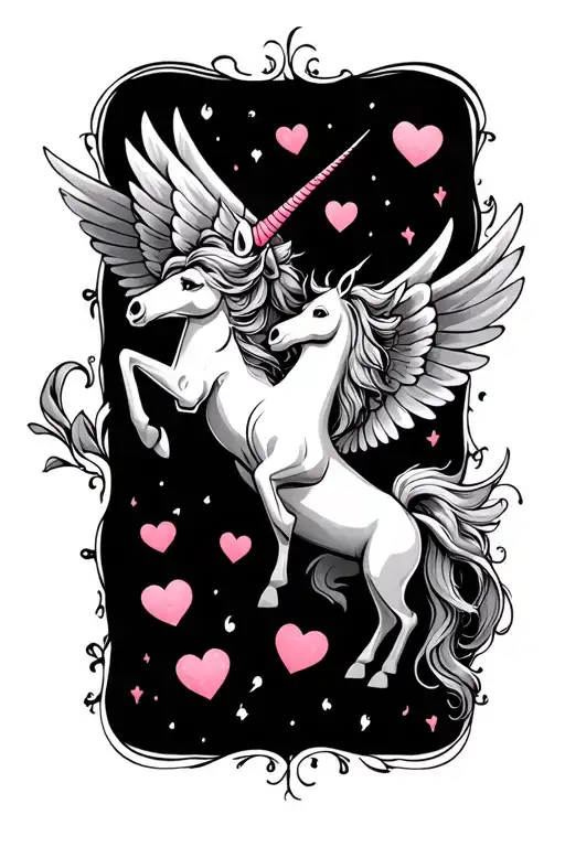 WINGED UNICORNS AND HEARTS AND THE tattoo design idea