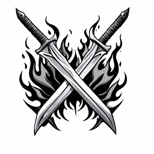 2 crossed sword and flame tattoo design idea