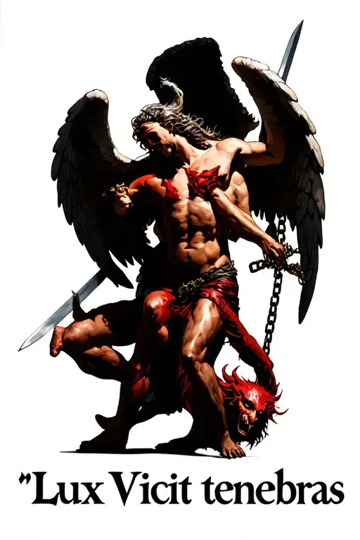 "Lux Vicit tenebras " an angel pinning down the devil with sword raised high but the devil has ahold of the angels leg and a chain around arm tattoo design idea