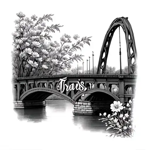Arch Bridge with wildflowers intertwined with Travis name on the bridge  tattoo design idea