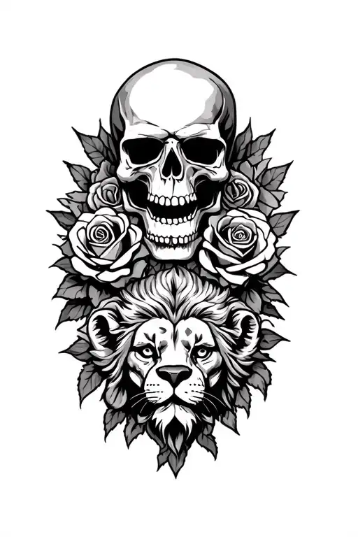 Create me a tattoo in the Harley Davidson spirit with death head, Harley logo, with roses, and lion head tattoo design idea