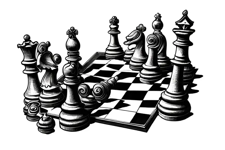 Neotribal tattoo for the hand and knuckles made with chess pieces and a chessboard. tattoo design idea