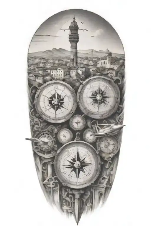 edges that fade softly, featuring italian and greek inspired buildings and landscape, airplane, compass  tattoo design idea