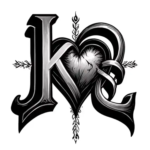 Heart from the letters K and E with an infinity sign by the letters L and J tattoo design idea