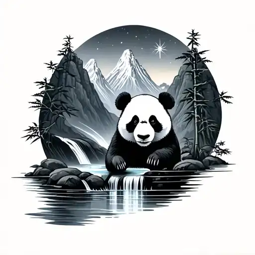 mountain stars panda bamboo river waterfall tattoo design idea
