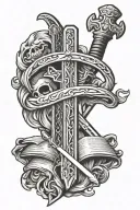 Bible and sword embedded tattoo design idea