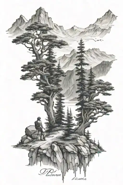 mountains, alpine trees and a person waiting in the hope to meet his lost love again and write "Tennie" secretly tattoo design idea