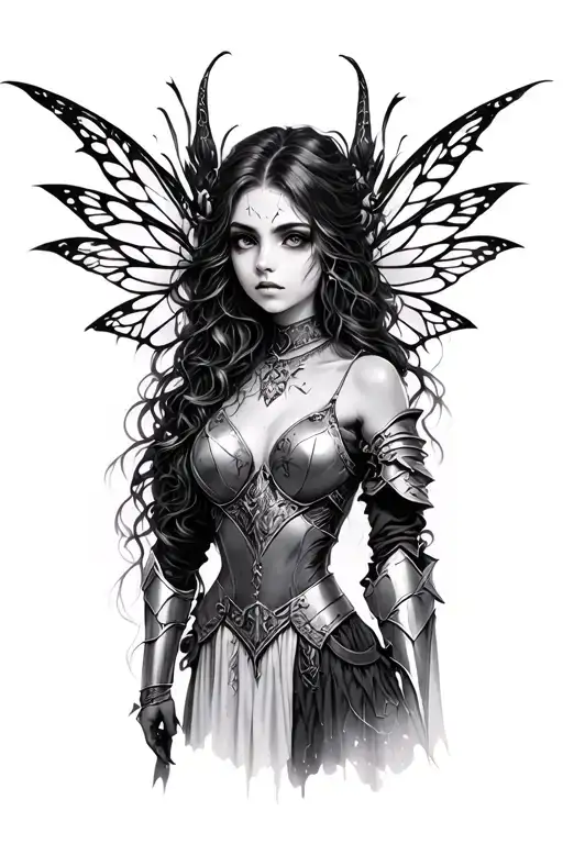 gothic fairy with armor and beautiful face tattoo design idea
