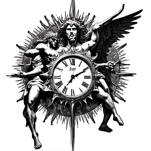 sun, clock, saint michael fighting satan tattoo design idea