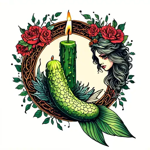  a pickle a candle and a mermaid intertwined in a small circle tattoo design idea