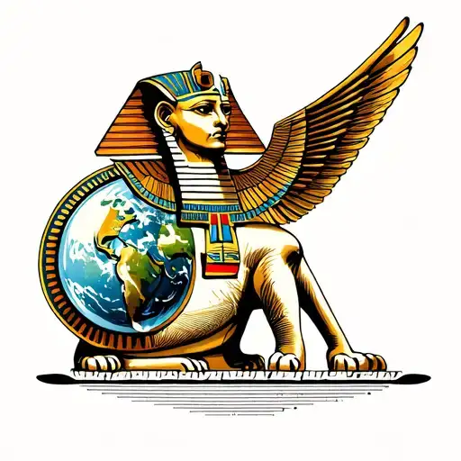 Flat earth, egyptian sphinx,, religious symbols tattoo design idea