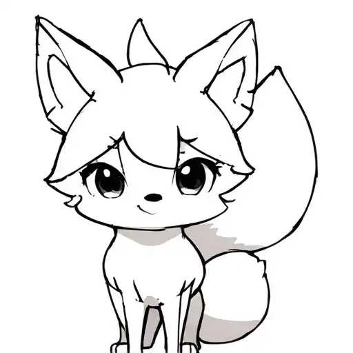 Minimalist anime chibi fox, clean black outline only, no shading or fills, simple big eyes and curled tail, 1-inch tatto tattoo design idea