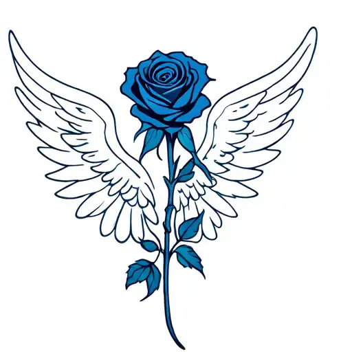 blue rose intertwined with red rose and angel wings tattoo design idea
