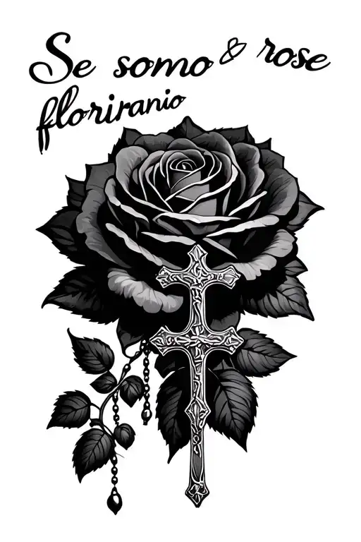 A quote that says "se sono rose fioriranno". cross and a rosary  tattoo design idea
