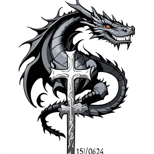 15/06/24 text inside a dragon with a cross tattoo design idea