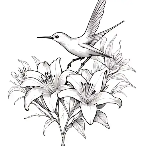 lilies, jasmine, colibri gracefully perched tattoo design idea