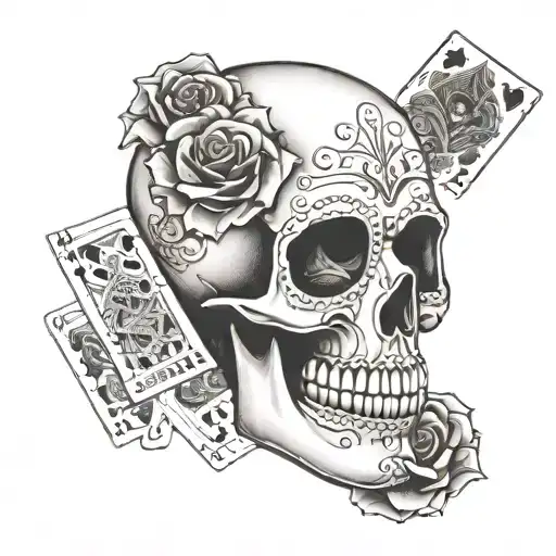day of the dead skull with rose and 4  ace cards behind the head  tattoo design idea