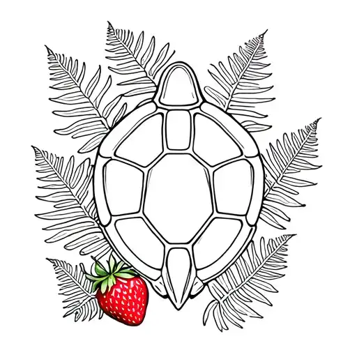 In minimalist line work style: Turtle shell at center surrounded by silver ferns.  A strawberry, and travel voyager ge tattoo design idea